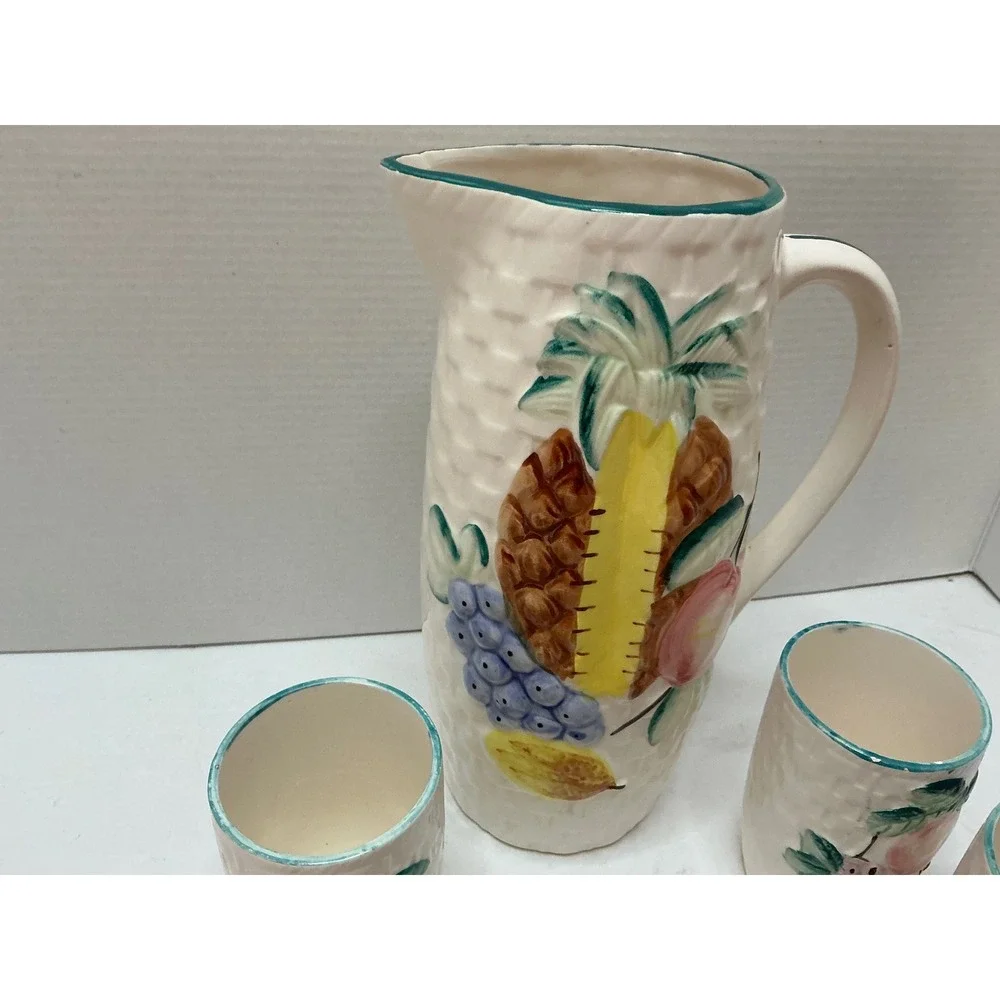 Vintage‎ Pitcher and 5 Cup Set Fruit Basketweave Ceramic Tropical Cream